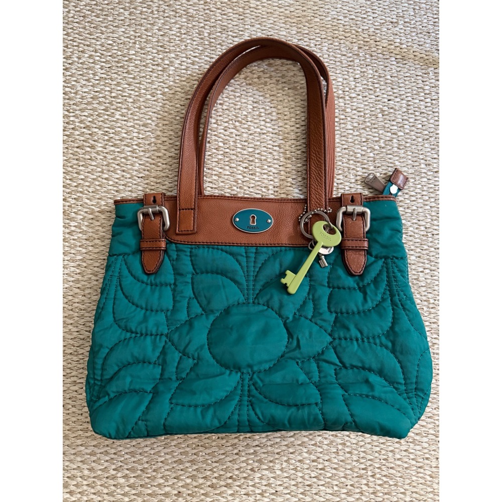 Fossil Key-Per Teal Quilted Nylon Tote Bag Brown Trim Polka Dot y2k Floral